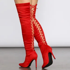 Forever Link New Red Stretchy Over The Knee Thigh High Boot Gold Studded Stiletto High Heel thumbnail 5