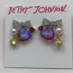 Betsey Johnson Heart & Bow Cluster Stud Earrings Crystal & Faux Pearl NWT thumbnail 8