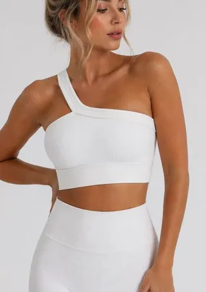 One Shoulder White Ribbed Seamless Crop Top Sculpting Minimalist Athleisure XS/S thumbnail 1