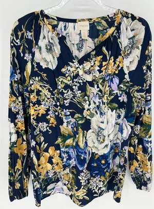 CHICO'S 0 Floral Peasant Blouse Women Small 4 Navy Blue Long Sleeve Split‎ Neck thumbnail 1