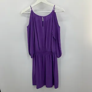White House Black Market XS Mini Dress Silk‎ Cold Shoulder Smocked Purple thumbnail 10