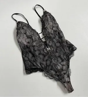 Victorias Secret Body Suit Nighty Thong Lace Plunge Neck Corset Lace Up Black thumbnail 1