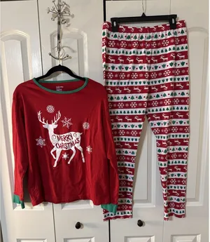 Women's Family‎ Feelings Reindeer Christmas Pajama Pant Set Size Large Red thumbnail 1