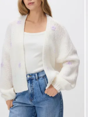 Reserved Women’s Cream Open Front Knit Cardigan with Lilac Floral Detail Size S thumbnail 1
