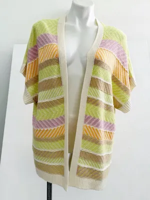 NEW Very J Open Front Cardigan Sweater SMALL Short Sleeve Striped Pastel Beige thumbnail 4
