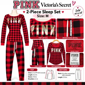 PINK Victoria's Secret Sleep Set Waffle Knit Women M Red Black Buffalo Plaid thumbnail 16