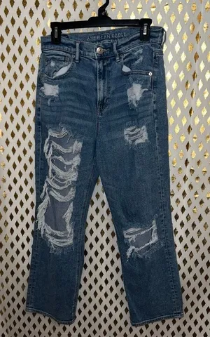 American Eagle jeans super distressed baggy pants straight boyfriend size 8 thumbnail 1