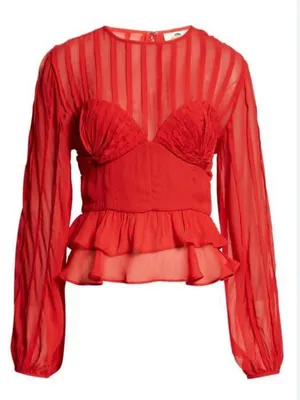 FARM Rio Red Ruffled Sheer Long-Sleeve Peplum Blouse Size Small thumbnail 1