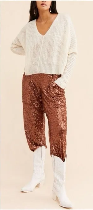 Free People Morelia Sequin Joggers in Copper Festival Western Boho Medium thumbnail 1