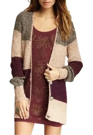 FREE PEOPLE Lake Tahoe Color block‎ Cardigan Sweater Grandma Core Size S thumbnail 1