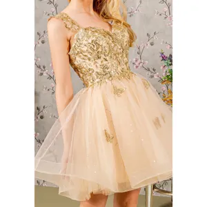 Fiesta Fashion Gold Butterfly Appliqué Sequined Corseted Fit & Flare Party Dress thumbnail 3