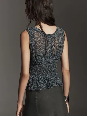 Anthropologie Smocked Chiffon Tank Top NWT Large Floral Peplum Blouse thumbnail 4