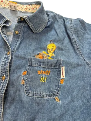 Y2K Vintage Looney Tunes Tweety Bird Stuff It Embroidered Chambray Button Down S thumbnail 4