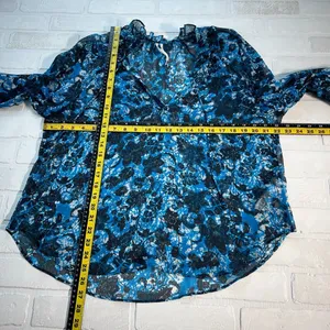 By Anthropologie Blouse Top Womens Large Blue Sheer Floral Boho Long Sleeve‎ Tie thumbnail 3