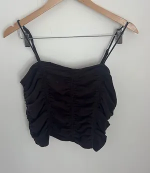 Free People Dark Brown Ruched Ribbed Cropped Camisole Top Small‎ Boho Adjustable thumbnail 1