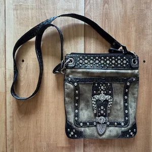 Western Rhinestone Buckle Crossbody Bag Studded Faux Croc Distressed Brown Bling thumbnail 1