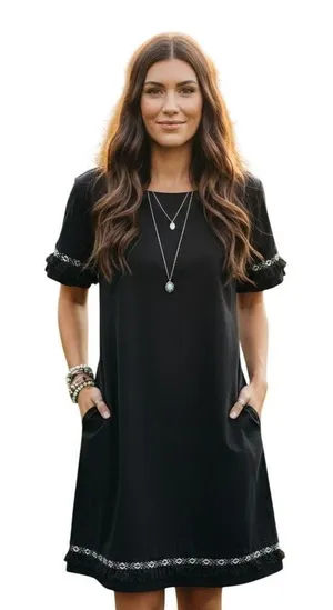 Coercion London Womens Black Shift Dress Boho Fringe Tassel Trim Gold Zipper 10 thumbnail 1