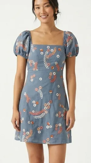 Let Me Be Anthropologie Laurel Floral Embroidered Mini Dress Blue Puff Sleeve XS thumbnail 1