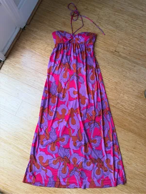 Tibi Iris Ikat Floral Padded Halter Maxi Dress Pink XS thumbnail 2