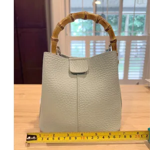 Pretty Persuasions Bamboo Handle Pebble Leather Bucket‎ Sage Green Crossbody NwT thumbnail 3