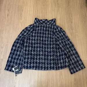 DKNY Art Basel Navy White Plaid Tweed Funnel Neck Jacket womens M thumbnail 2