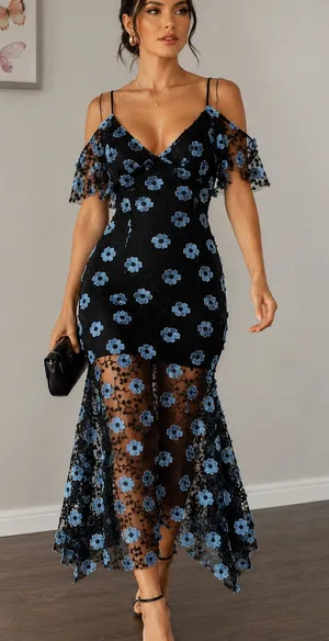 La Maison Talulah Black Blue Floral Embroidered Lace Maxi Dress thumbnail 1