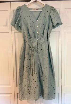 Loft blue eyelet cap sleeve dress tie waist size small petite thumbnail 2