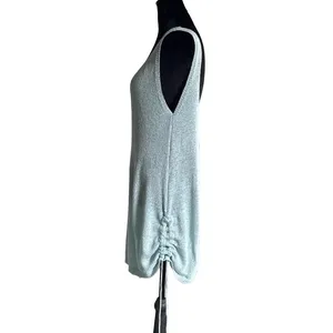 Knit Beach Cover Up Mini Dress Ruched Side Drawstring Scoop Back Light Blue thumbnail 4