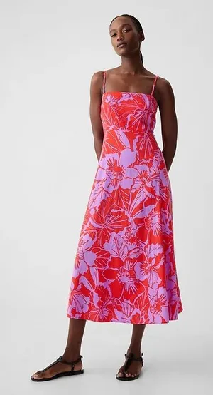 Gap Linen-Blend Midi Dress in Purple Lilac and Red Coral Floral Size Small Tall thumbnail 1