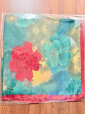 Elegant Square Satin Polyester Scarf with Vibrant Red and Teal Floral Pattern thumbnail 4