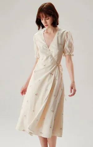 Rihoas Beige Embroidery Puffed Sleeve Wrap Midi Dress thumbnail 4