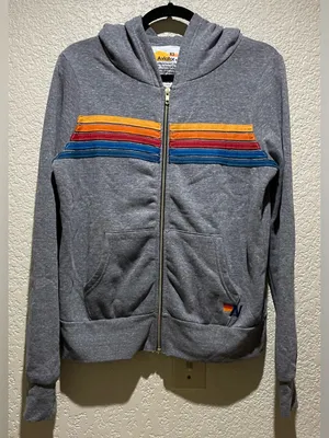 Aviator Nation 5 Stripe Full Zipper Hoodie Heather Grey Size XS Unisex New thumbnail 4