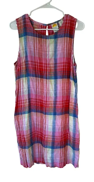 C&C California Sleeveless 100% Linen Plaid Mini Dress Pink Women's Size 6 Boho thumbnail 1