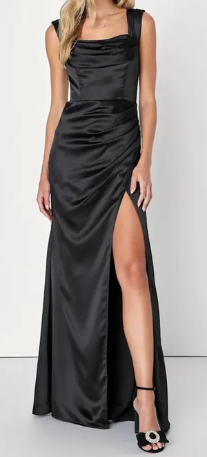 NWT Lulus Size Small Stunning Arrival Black Satin Off-The-Shoulder Maxi Dress thumbnail 1