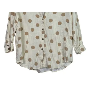 Zara Button Up Shirt Textured Polka Dot Collared Long Sleeve Small Ivory Beige thumbnail 4