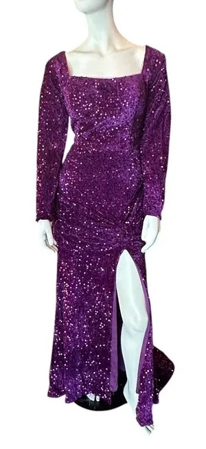 Wenkafo Flocked Velvet & Sequins Mermaid Formal Dress Purple Size 14 NWT thumbnail 1