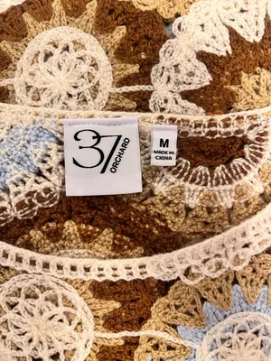37 Orchard Crochet Brown Blue Cream‎ Knit Boho Short Sleeve Shirt Size Medium thumbnail 3