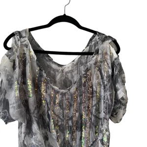 Sequin Women's Size Medium‎ Sheer Cold Shoulder Disco Lace Top Silver thumbnail 2