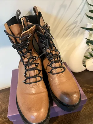 Women's Tan Lace-Up Combat Boots with Buckle Detail thumbnail 4