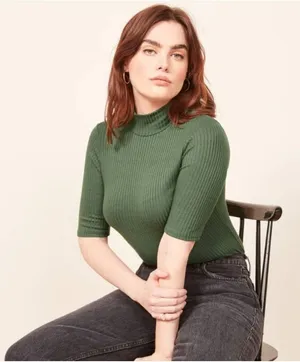 Reformation Ribbed Knit Leia Mock Turtleneck Top in Sage Gren New Size Small thumbnail 2