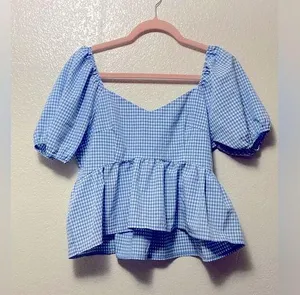 Blue Gingham Plaid Babydoll Puff Sleeve Blouse Top thumbnail 1