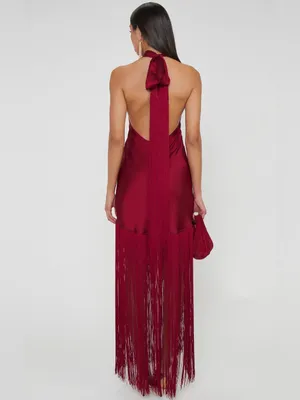 Show Me Your Mumu Jasmine Fringe Maxi Dress size Large L Cranberry Luxe Satin thumbnail 3