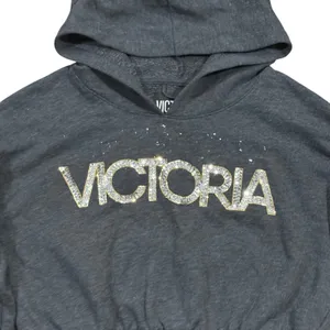 Victoria Sport Cropped Hoodie Sparkle Rhinestone Logo Grey‎ Long Sleeve Womens M thumbnail 2