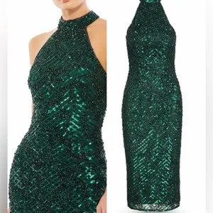 NEW Mac Duggal Embellished Sequins Halter Neck Midi Bottle Green Dress sz 6 thumbnail 3