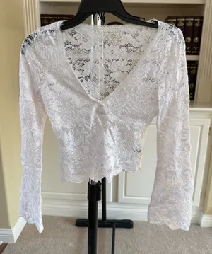 SHEIN Ruffle Trim Belle Sleeve Tie Front Lace Crop Top thumbnail 1
