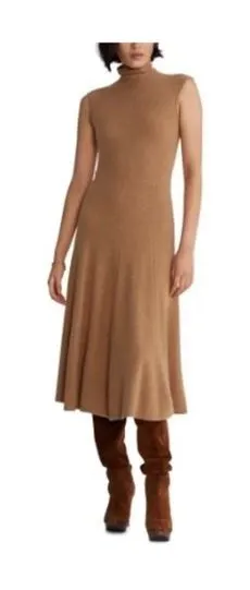 Polo Ralph Lauren Women 100% Cashmere Midi Dress M Camel Turtleneck Fit & Flare thumbnail 1