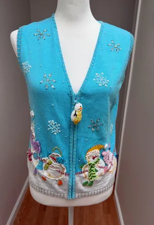 Vintage Berek Ugly Christmas Sweater Vest Small Snowman Embroidered Jingle Bells thumbnail 1