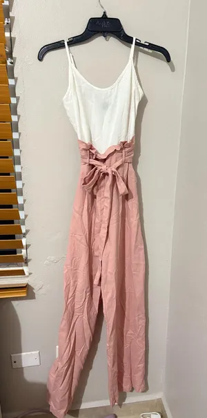 Spaghetti adjustable straps white and pink waist bow jumpsuit thumbnail 1