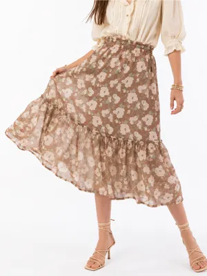 LC Lauren Conrad L Floral Tiered Midi Skirt Cottagecore Fairycore Bohemian Farm thumbnail 2