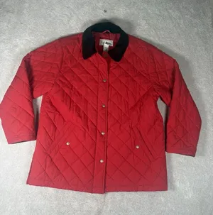 LL Bean Quilted Chore Barn Jacket Ladies Large Red Brown Corduroy Trim VTG thumbnail 1